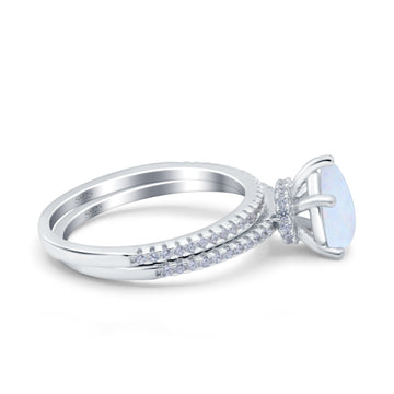 Two Piece Art Deco Pear Engagement Bridal Ring Band Lab Created White Opal 925 Sterling Silver